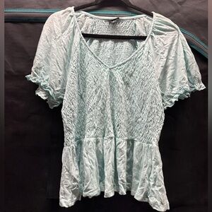 Torrid Light Blue/Green Smocked Blouse